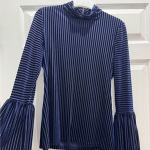 Anne Fontaine Navy Blue Velvet Pleated Long-Sleeve Top